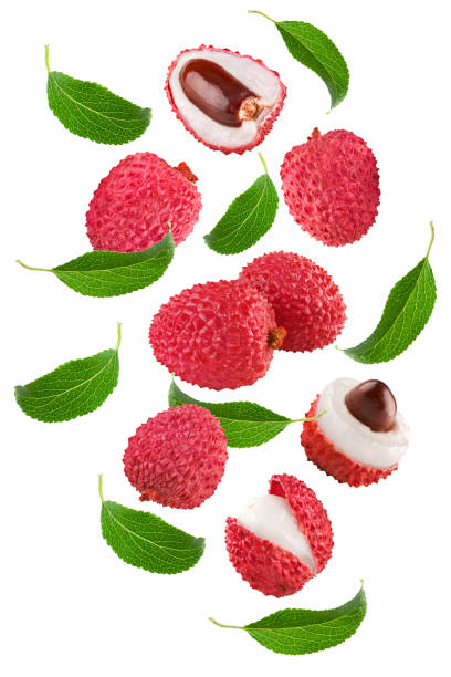 istock flying fresh lychee with slices and green leaves isolated on white background. clipping path 1434957586