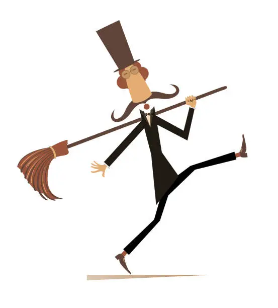 Vector illustration of Illustration of the man in the top hat with a big broom
