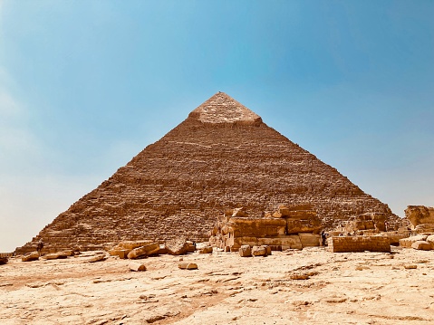 The Pyramid of Khafre is slightly smaller than the Great Pyramid in the Giza Necropolis. It was built for the pharaoh Khafre in 2570 BC