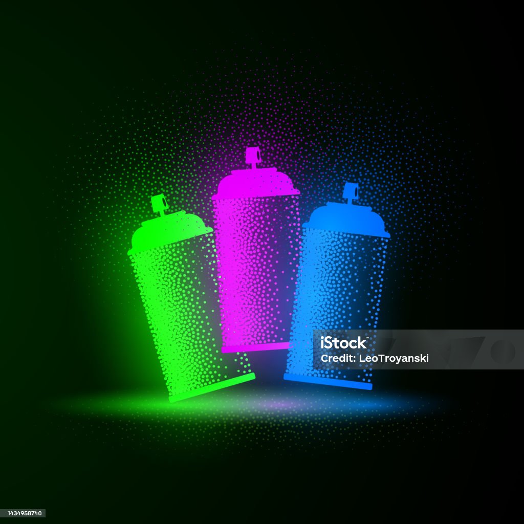 Three Neon Cans Of Paint On A Black Background Vector Spray Can Of Neon  Paint And Dotted Texture Effect Stock Illustration - Download Image Now -  iStock