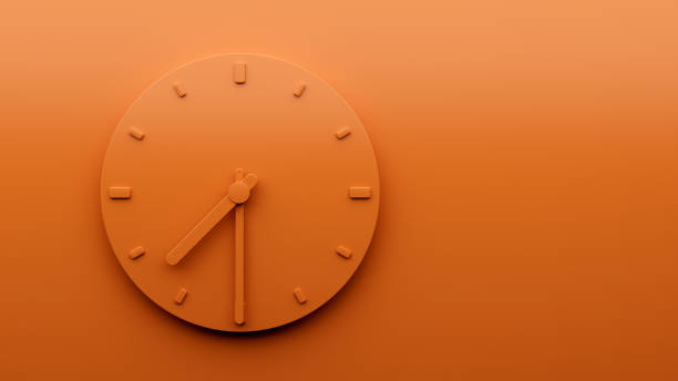 istock Minimal Orange clock 7:30 Half past Seven o'clock abstract Minimalist wall clock 19:30 3d Illustration 1434960789