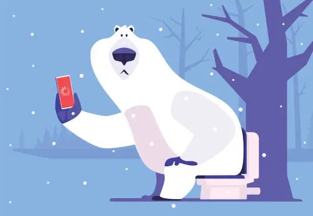 Vector illustration of polar bear sitting on toilet bowl and waiting for data loading on smartphone