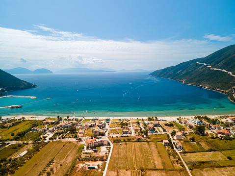 aerial view of vasiliki beach windsurfing Lefkada island Greece copy space