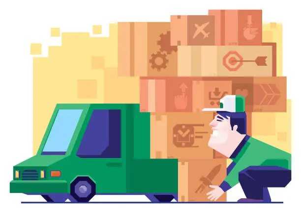 Vector illustration of courier holding stack of cartons