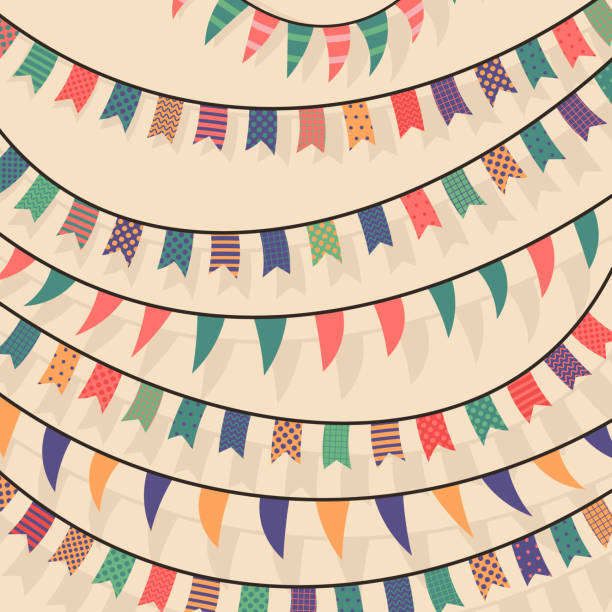 Decorative festive colorful street flags. Streamers of festive decorations. Vector illustration for design. Decorative festive colorful street flags. Streamers of festive decorations. Vector illustration for design. block party stock illustrations