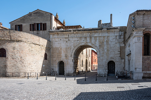 Fano, Italy - 06-22-2022: The beautiful and famous arch of Augusto di Fano