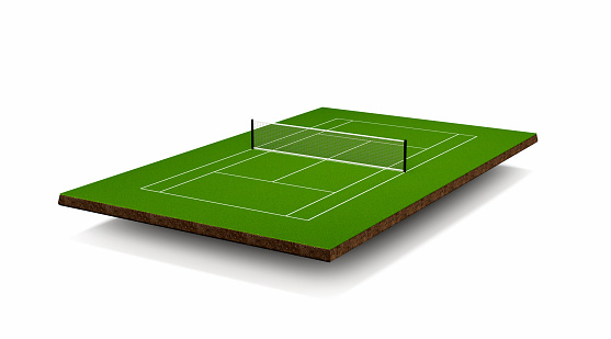 Tennis court. Grass cover field. Top view with grid and shadow 3d illustration