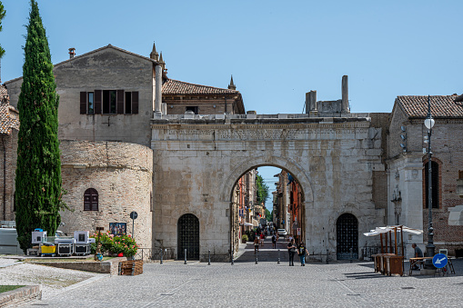 Fano, Italy - 06-22-2022: The beautiful and famous arch of Augusto di Fano