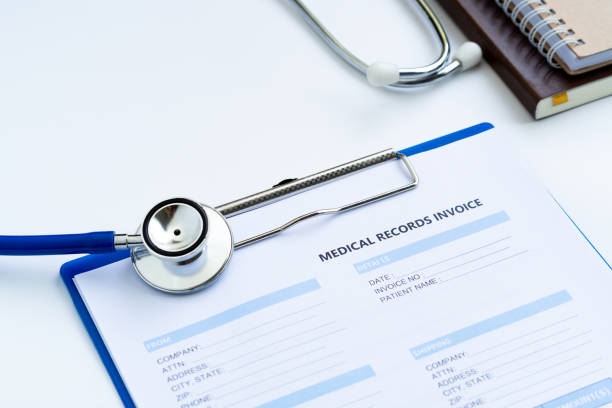 istock Stethoscope with medical records invoice. on white background. 1434963306