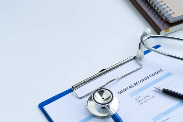 istock Stethoscope with medical records invoice. on white background. 1434963309