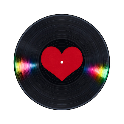 Photo of Black Vinyl Record with blank heart shaped center that can be labeled and colorful reflections, isolated on white background.
