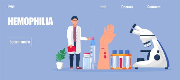 ilustrações de stock, clip art, desenhos animados e ícones de hemophilia concept vector. detailed test for red blood cells and platelets. tiny doctors examine non-coagulability of blood, treat patient. - blood cell anemia cell structure red blood cell