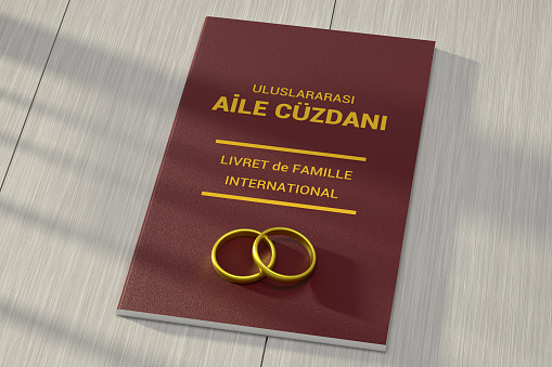 Golden Wedding Rings On The Turkish Marriage Certificate With Wooden Background