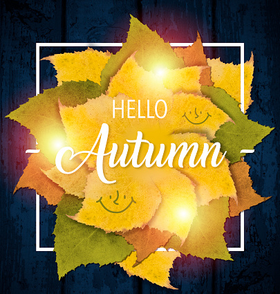 Square banner, hello autumn. Yellow leaves with cute emotions and white frames on a dark blue background. The concept of products in the printing industry, a card with congratulations