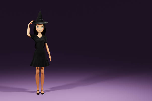 istock Woman character in witch halloween costume with hat on dark background. 3d render 1434965770