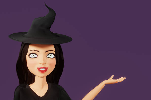 istock Woman character in witch halloween costume with hat points away on blank space  on dark background. 3d render 1434965785