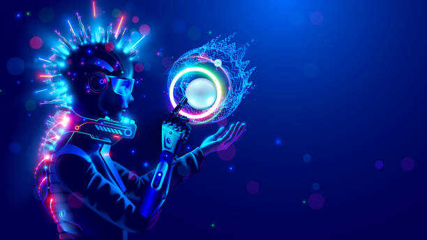 Cyborg woman in cyberpunk style. Cyber girl in futuristic suit with sci-fi tech punk hairstyle. Character girl cyborg looks like robot with electronic implants, 3d VR glasses in cyberspace. Cosplay. vector art illustration