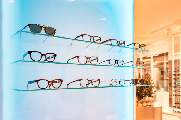 An ophthalmological and optical store with an assortment of various glasses with diopters for vision. stock photo