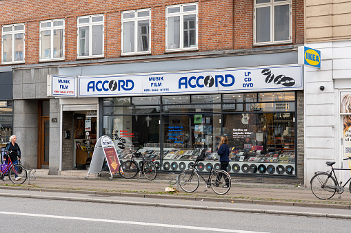 Copenhagen, Denmark - October 16, 2022: Store front of Accord record store on Vesterbrogade.