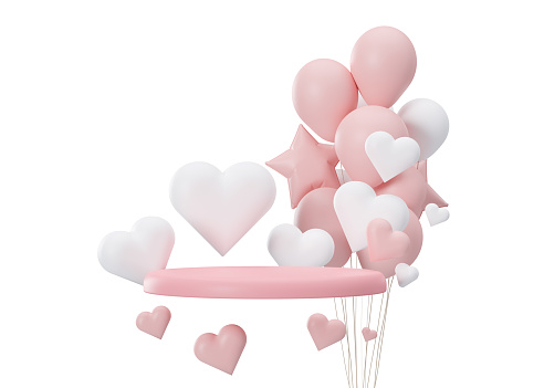 Pink podium with hearts and balloons flying in the air, isolated on white background. Valentine's Day, Wedding, Anniversary. Podium for product, cosmetic presentation. Mock up. Cut out. 3D render
