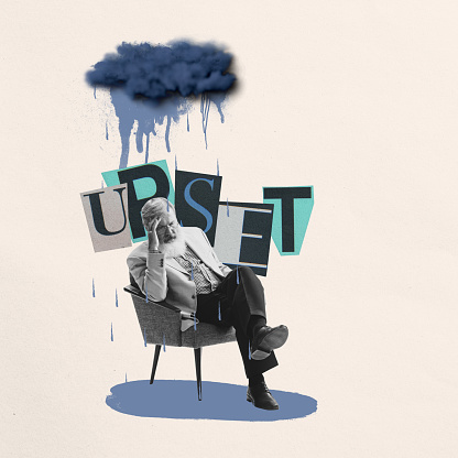 Old age, problem and people concept - senior man in glasses thinking and sitting in chair and feeling sadness. Contemporary art collage. Concepts of retro style design, inner world, psychology problems