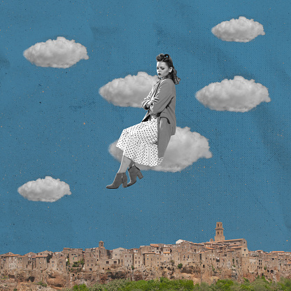 Dreaming. Changing mood. Contemporary art collage. Female face with cloud over blue background. Dreaming. Concept of creativity, imagination, retro style design, inner world, psychology, emotions