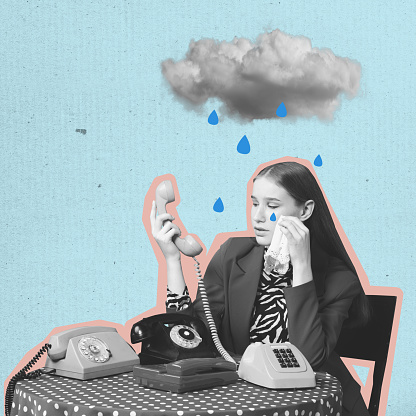 Contemporary artwork. Sad stressed woman sitting with retro style phones and crying. Concept of media influence, bad news, psychology, feelings, longing. Copy space for ad. Retro design or collage