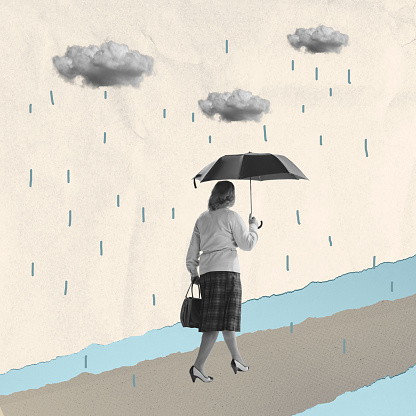 Sad woman walking under umbrella on abstract background with drawings. Bright contemporary collage. Art, fashion and emptions, feelings. Ideas, vintage, retro style, imagination and creative concept