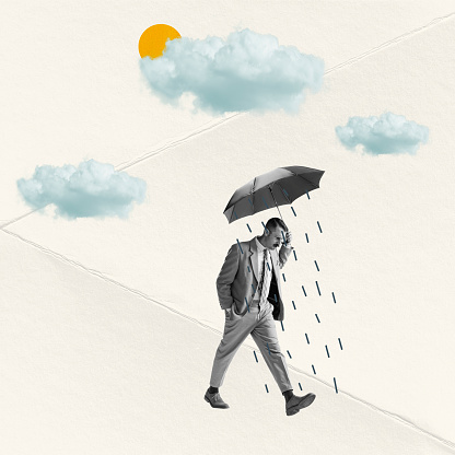 Sad man walking under umbrella on abstract background with drawings. Bright contemporary collage. Art, fashion and emptions, feelings. Ideas, vintage, retro style, imagination and creative concept