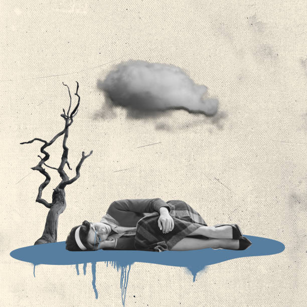 Autumn. Contemporary art collage. Conceptual image. Young woman lying, sleeping. Feeling tired and depressed. Concept of retro style design, inner world, psychology, emotions and feelings, sadness, longing