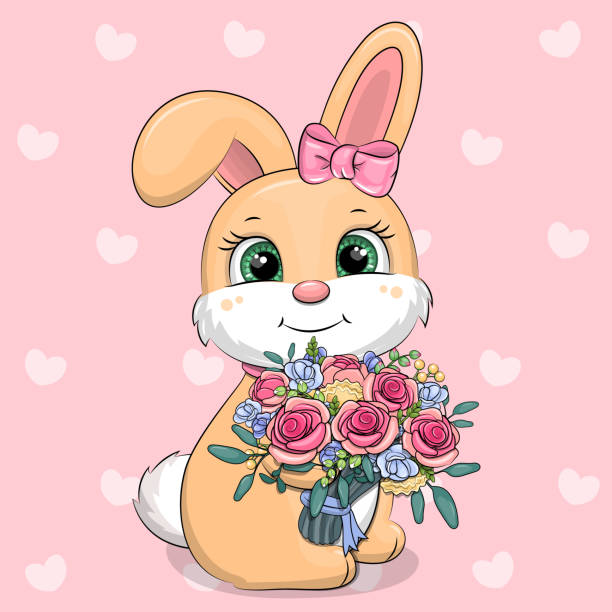 ilustraciones, imágenes clip art, dibujos animados e iconos de stock de linda conejita de dibujos animados con un ramo de flores. - rabbit baby rabbit hare standing