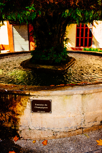 The Champignon fountain in the village of Barjols in the Provence region of France. Underneath the rounded mound is a stone fountain, which has been covered and mushroomed, over decades, from natural deposits in the local water.