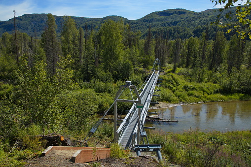 Suspension bridge over Byers Creek at Byers Lake in Denali National Park and Preserve,Alaska,United States,North America