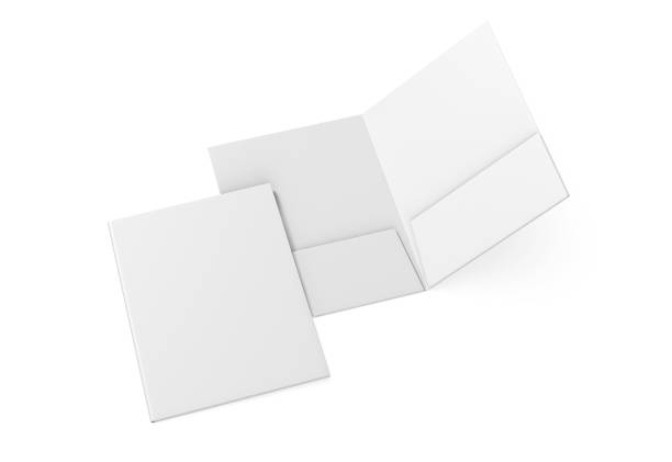 istock Blank white reinforced A4 single pocket folder catalog on grey background for mock up. 3D rendering. 1434978113