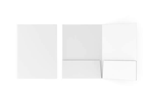 istock Blank white reinforced A4 single pocket folder catalog on grey background for mock up. 3D rendering. 1434978153