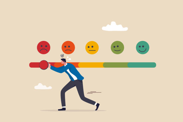stockillustraties, clipart, cartoons en iconen met dissatisfaction, dislike or negative feedback, angry customer or dissatisfied employee, angry review, disappointment rating or complaint concept, man pushing rating bar to dissatisfaction level. - klagen