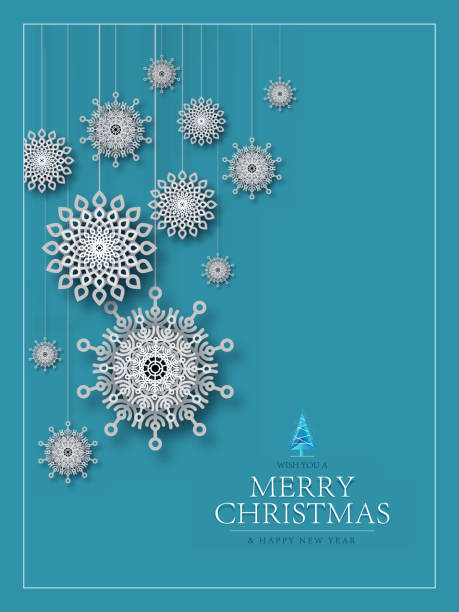 ilustrações, clipart, desenhos animados e ícones de fundo de natal com flocos de neve estilo papel pendurado - snowflake winter blue paper