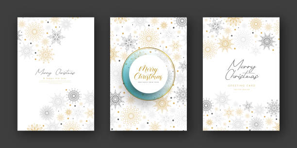 ilustrações de stock, clip art, desenhos animados e ícones de holiday greeting card set with snowflakes - third party