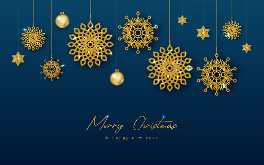 Happy New Year or Christmas card with hanging gold snowflakes on white background. Vector stock illustration