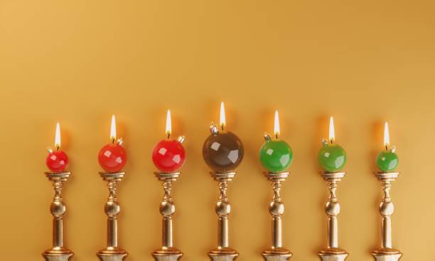 Red, green and black ornaments like burning candles, flat lay, symbolizing Kwanzaa concepts. ( 3d render )
