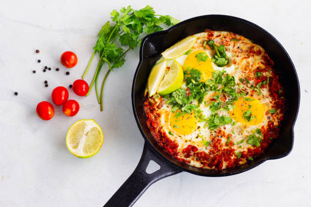 Middle Eastern Shakshuka  in a Pan Directly Above Photo stock photo