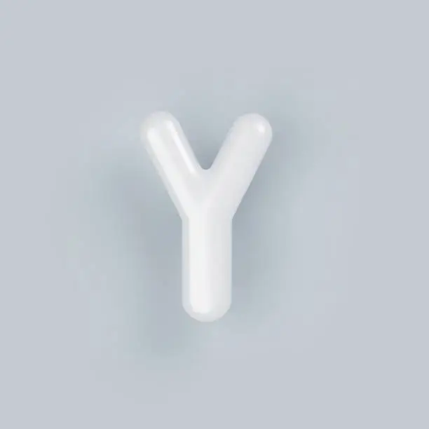 Vector illustration of 3D White plastic uppercase letter Y with a glossy surface on a gray background.