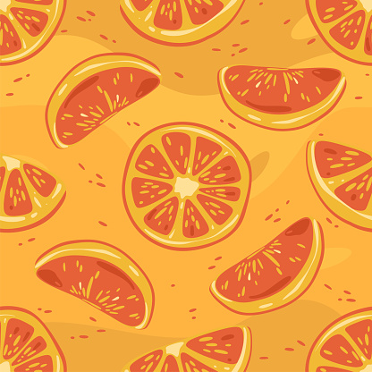 Summer tropical seamless pattern with orange slice, tangerine, citrus slice, cut piece.