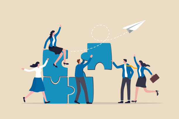 Employee engagement improve involvement or encourage employee success together, increase value and workplace motivation concept, happy business people, employees help complete jigsaw in their office. vector art illustration