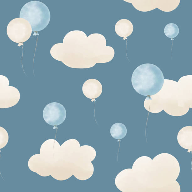 istock Seamless Watercolor Pattern with air Balloons and beige cute Clouds. Hand drawn Background for kid design. Print for Baby boy or girl textile 1434993858