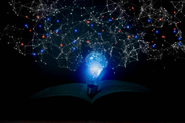 istock Light bulb on open book with virtual brain and connection line network education concept.creative thinking idea innovation strategy. 1434994963