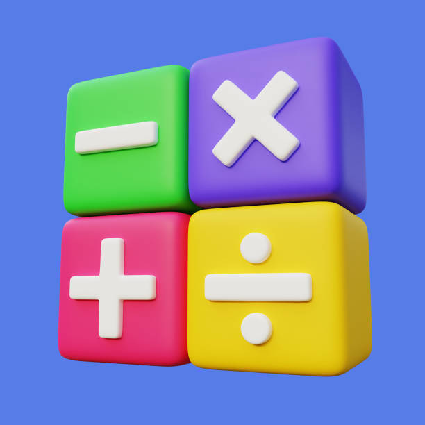 Stylized 3D Math Operation Cube Illustration. Cross, plus, divide and minus icon on blue background, suitable for math or science related design