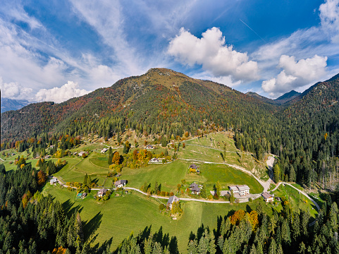 Northern Italy 2022 autumn. Small village located below Cima Durmont in Val Manez in Trentino Near village Binio