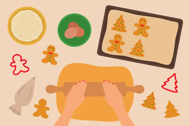 Vector illustration of Preparing Christmas Gingerbread Cookies. Female Hands Roll Out The Dough. Flour, Eggs And Baking Tray With Cookies On Table