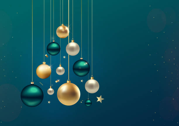 New Year and Happy Christmas background Abstract Luxury Christmas card with realistic gold and green baubles, and star. Xmas festive green background with decorative balls. christmas ornaments template stock illustrations